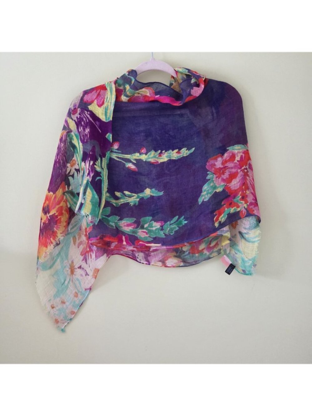 Powder UK 100% Linen Floral Scarf Wrap Purple Pink Watercolor Botanical Fringe - Picture 14 of 14